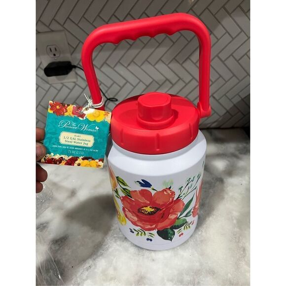 PIONEER WOMAN DELANEY 1/2 GALLON STAINLESS STEEL WATER JUG -Lid Handle Straw - Picture 1 of 8